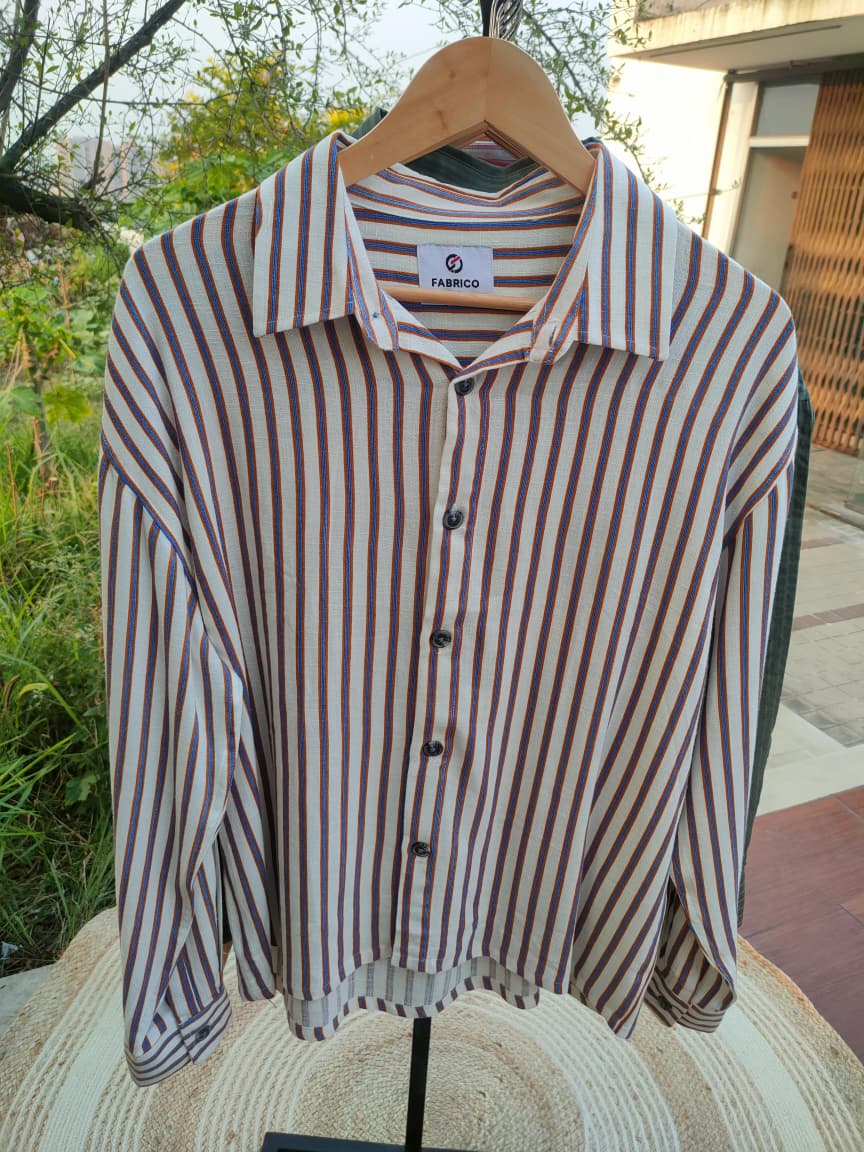 Premium Linen Fabric Boxy Shirt β Ivory Blue Stripe
