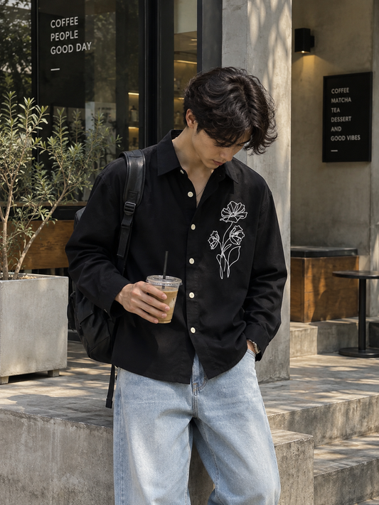 Premium Embroidered Boxy Fit Shirt – Pure Black