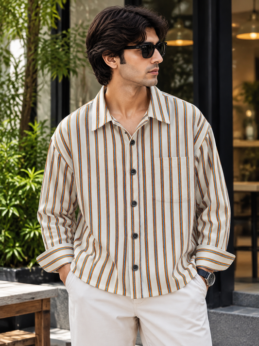 Premium Linen Fabric Boxy Shirt – Ivory Blue Stripe