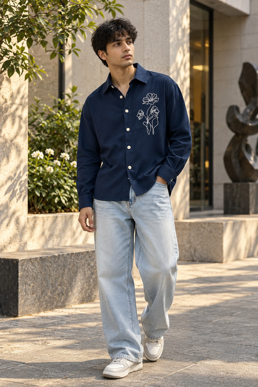 Premium Embroidered Boxy Fit Shirt – Navy Blue