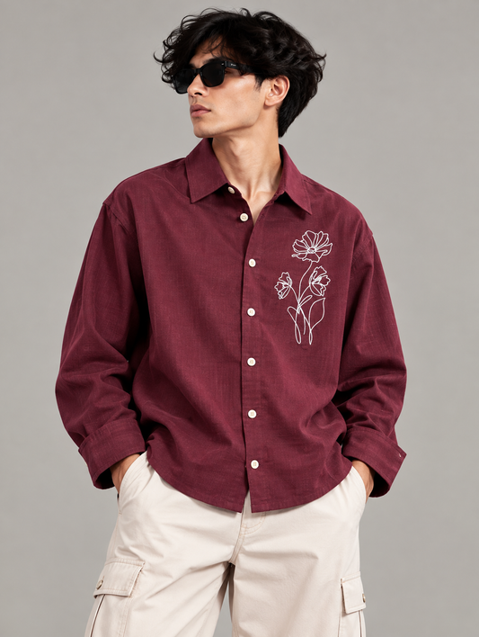 Premium Embroidered Boxy Fit Shirt – Burgundy Maroon
