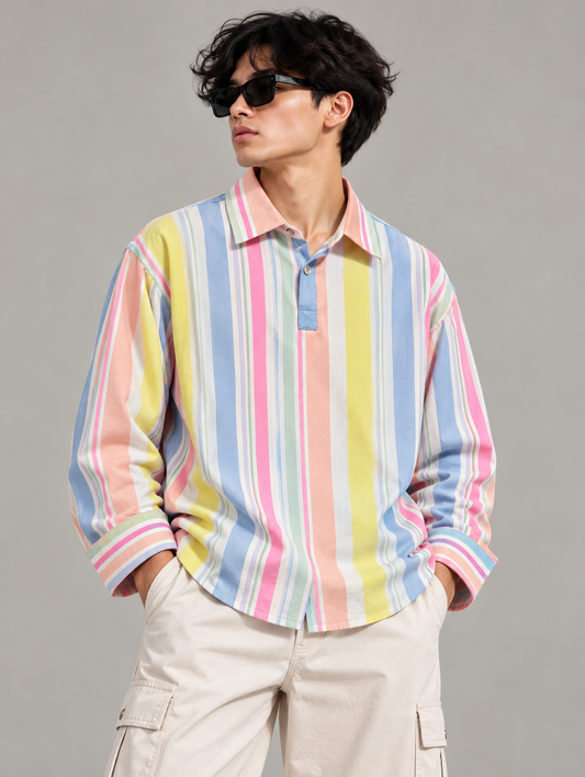 Premium Cotton Katua Boxy Shirt – Pastel Multi Stripe