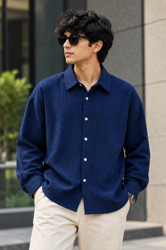 Premium Textured Boxy Shirt – Navy Blue