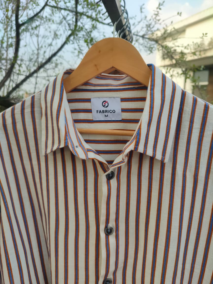 Premium Linen Fabric Boxy Shirt – Ivory Blue Stripe