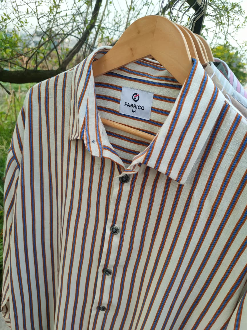 Premium Linen Fabric Boxy Shirt – Ivory Blue Stripe