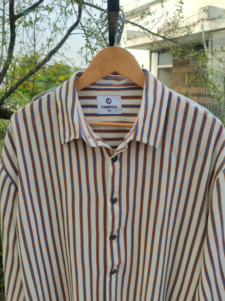 Premium Linen Fabric Boxy Shirt – Ivory Blue Stripe